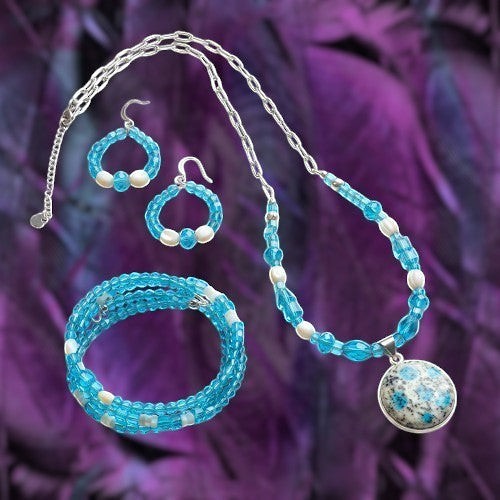 Heartfelt Creations handcrafted jewelry set featuring a K2 Blue Azurite pendant, turquoise glass beads, and faux pearls.