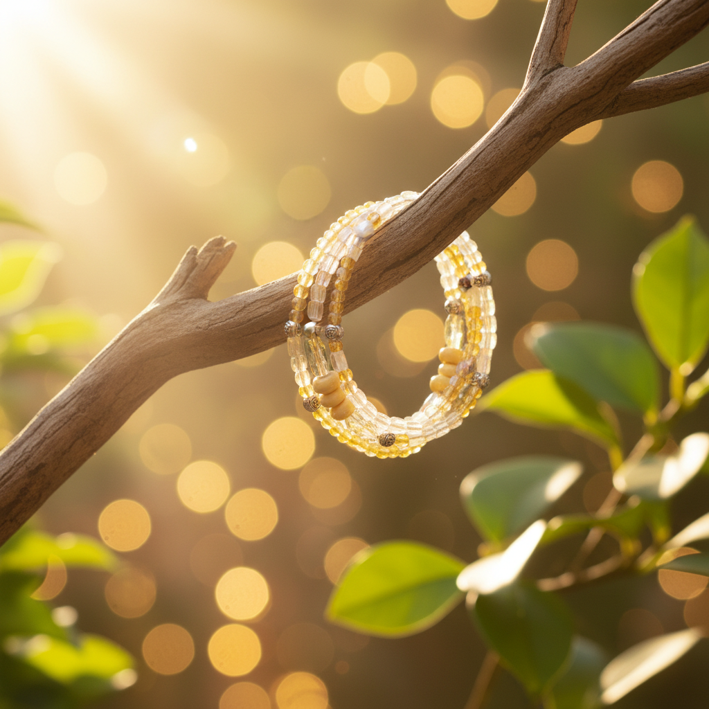 A beaded wrap bracelet in warm yellow, gold, and cream tones hangs from a tree branch outdoors, surrounded by soft golden bokeh light and green leaves.