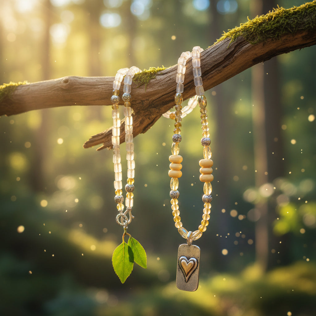 A beaded necklace with iridescent pale blue beads, yellow and gold spacer beads, a silver-toned rectangular pendant, and a heart-shaped inlay, displayed on a peach-colored background.