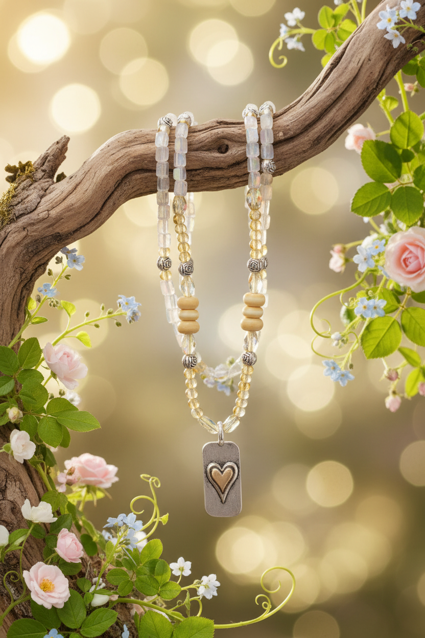 A beaded necklace with a silver heart pendant hangs from a rustic tree branch surrounded by green leaves, pink roses, and soft golden bokeh lights.