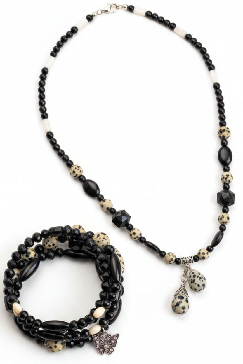 Heartfelt Creations black and white Dalmatian Jasper beaded necklace and wrap bracelet set with butterfly charm