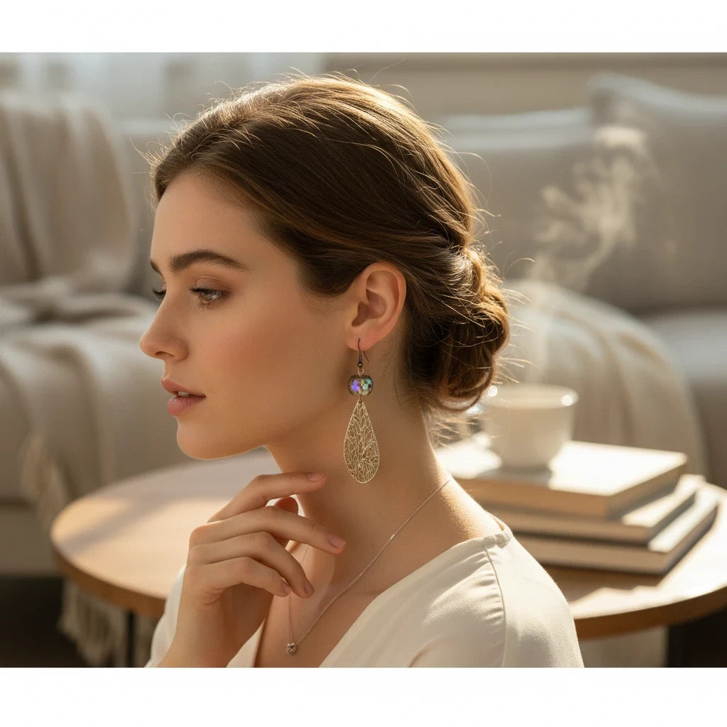 A woman in profile wearing a delicate gold-toned teardrop earring with a colorful iridescent heart-shaped crystal, set against a softly blurred cozy living room background.