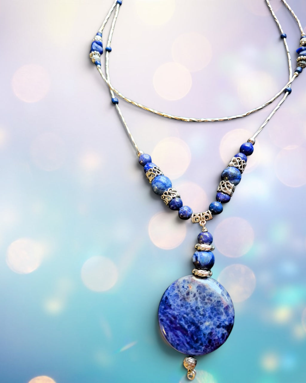 -Pendant Statement Necklace Featuring Lapis Lazuli Stones