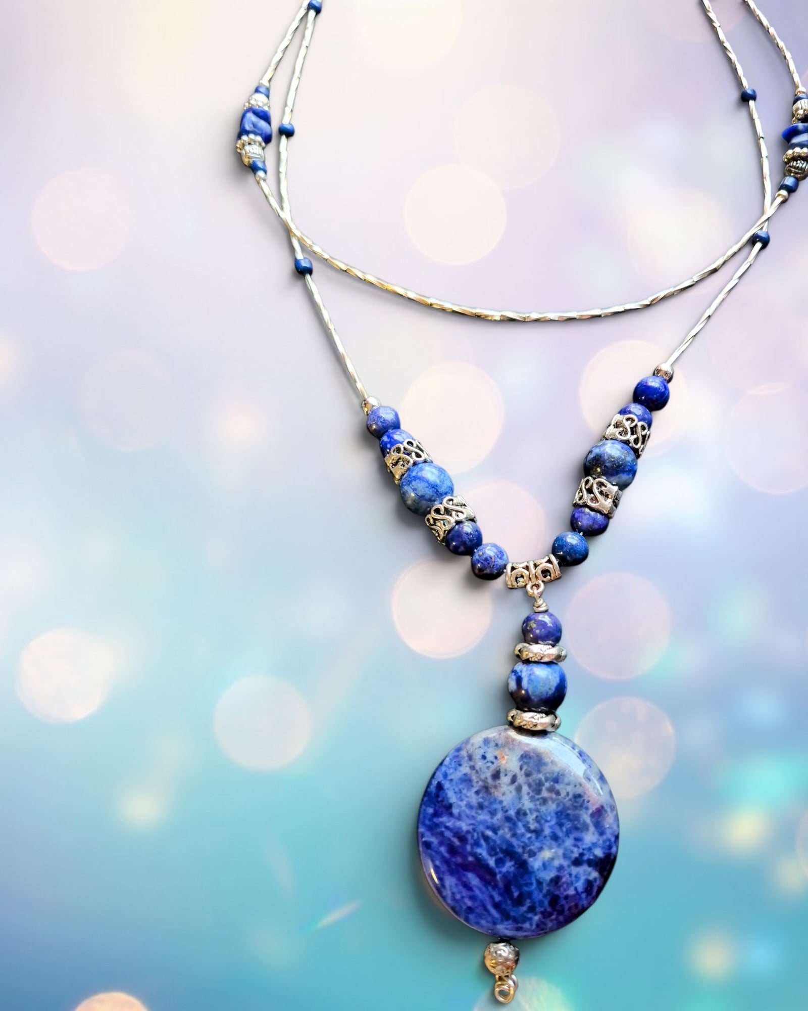 -Pendant Statement Necklace Featuring Lapis Lazuli Stones