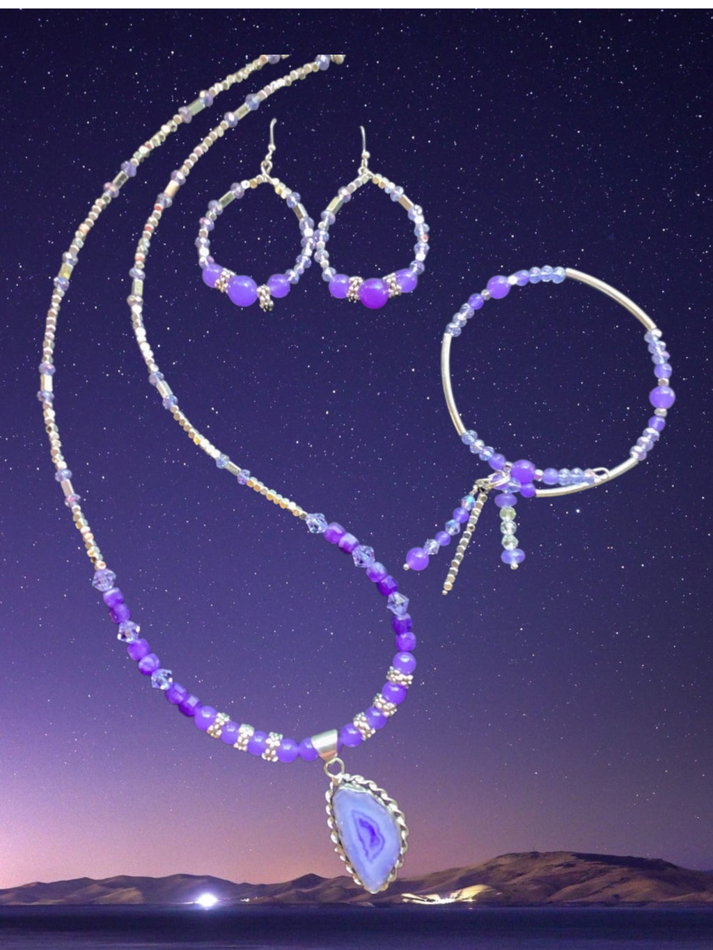 Agate Pendant Necklace and Hoop Earrings Set