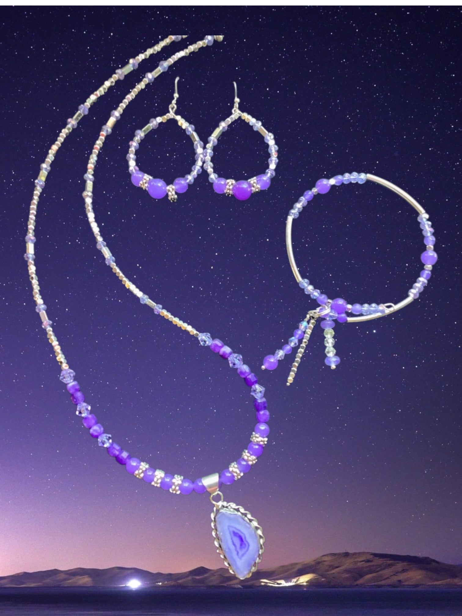 Agate Pendant Necklace and Hoop Earrings Set