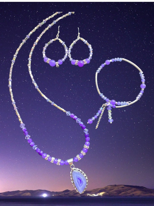 Agate Pendant Necklace and Hoop Earrings Set