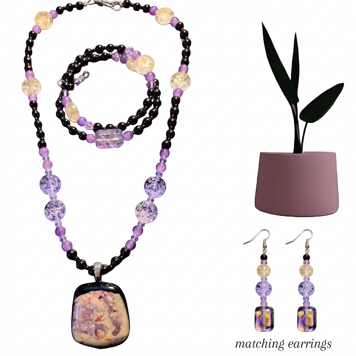 Heartfelt Creations jewelry set with black and purple beaded necklace, wrap bracelet, and matching fused glass earrings.