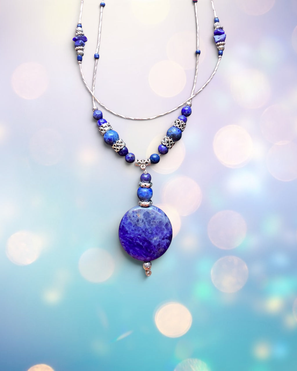 -Pendant Statement Necklace Featuring Lapis Lazuli Stones