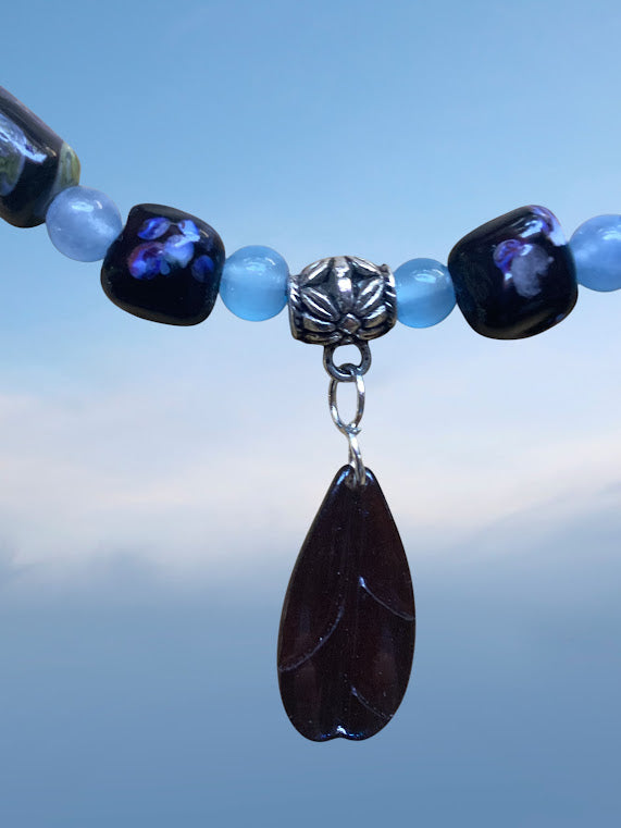 *Elegant Beaded Necklace, Bracelet and Earring Set with Lampwork Black Floral Beads Highlighting Each Piece
