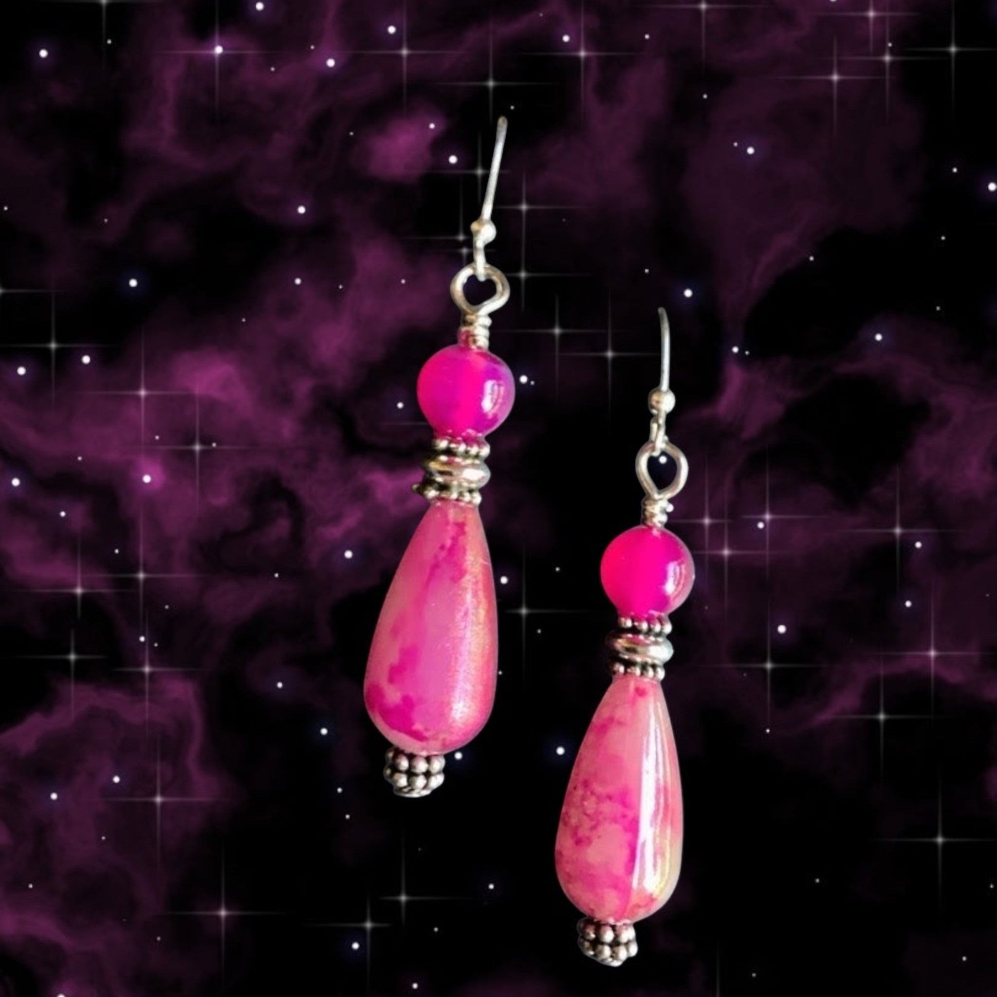 '-Elegant Pink Beaded Teardrop Earrings