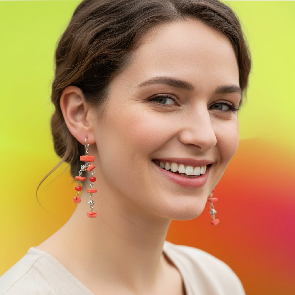 Pair of earrings with red and orange coral beads dropping dramatically on a gradient background