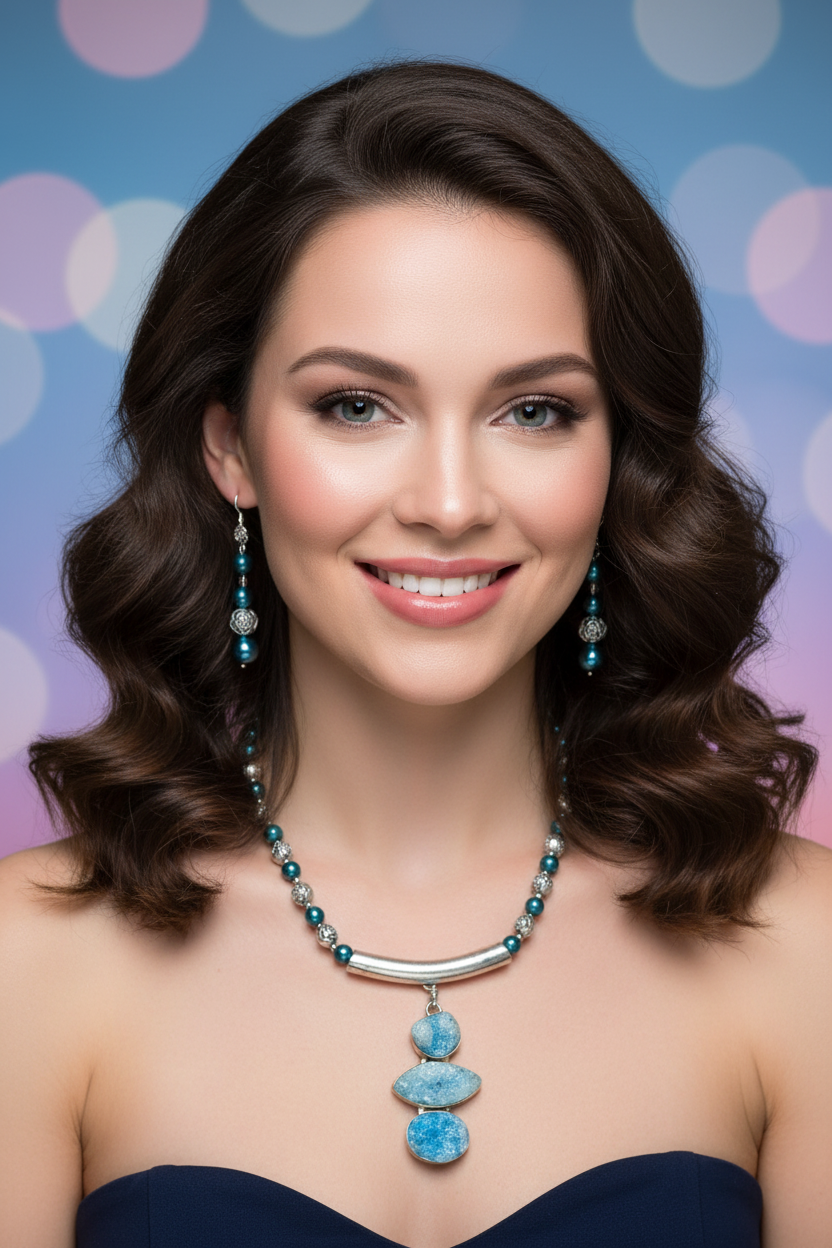 Heartfelt Creations features a handcrafted  silver-toned beaded necklace, with a pendant of three turquoise blue agate druzy stones and matching drop earrings.