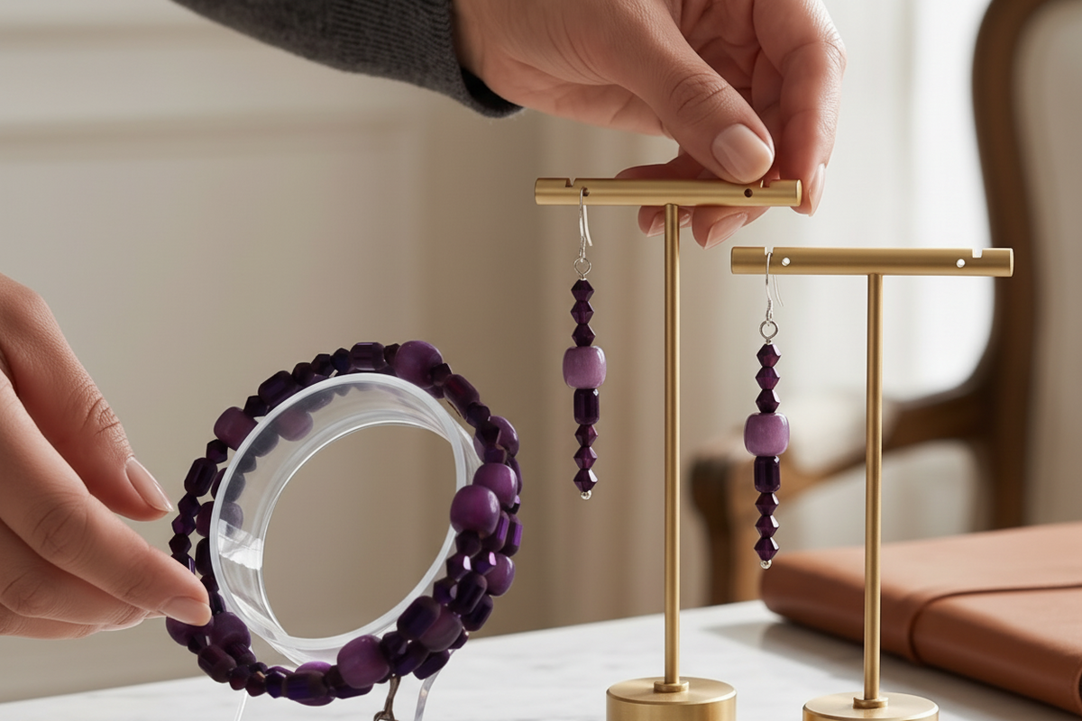 A display of pair of purple beaded drop earrings and a matching purple beaded  wrap bracelet.  A focal bead in each earring and throughout the bracelet add interest to the set.