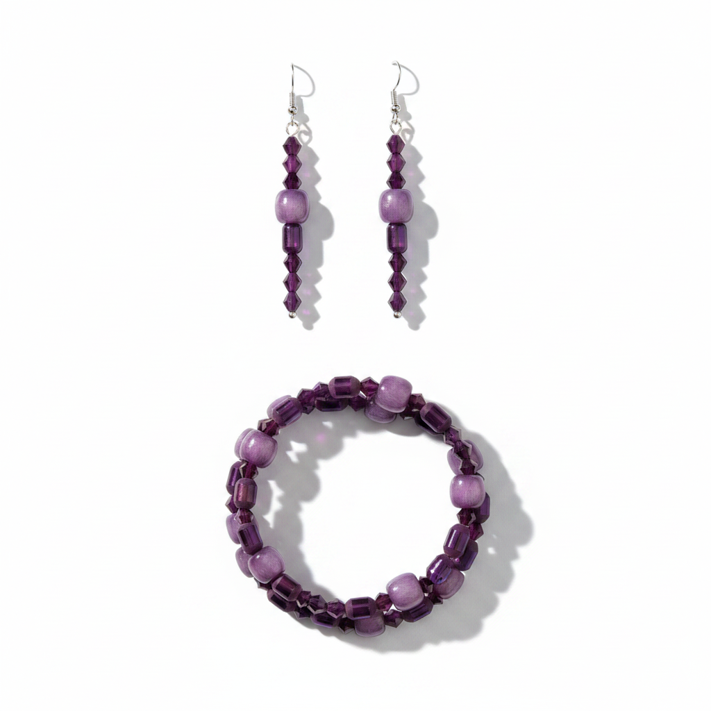A matching jewelry set featuring a beaded bracelet and drop earrings in shades of purple and magenta beads with silver fishhook ear wires, 