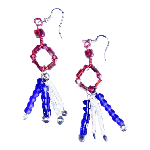 Heartfelt Creations handcrafted geometric dangle earrings with red, white, and blue beads and wire-wrapped fringe