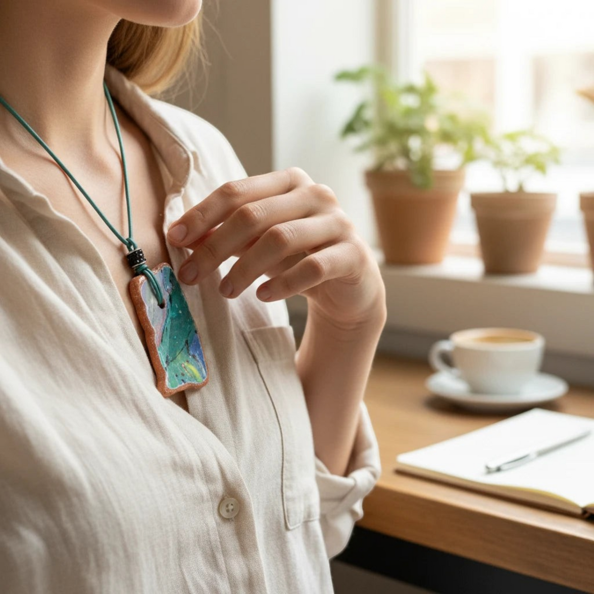 Heartfelt Creations artisan ceramic pendant necklace with crackled teal and pink glaze on a teal leather cord.
