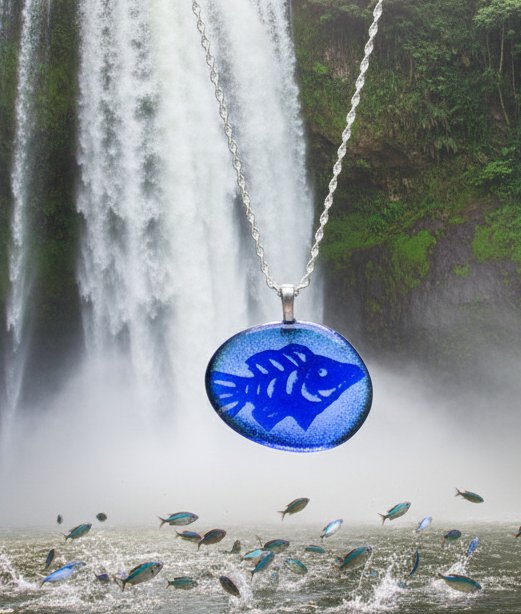 Heartfelt Creations handcrafted enameled deep blue fused glass fish pendant necklace with textured details on a silver chain.