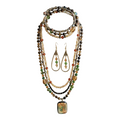 A multi-strand beaded necklace set with matching teardrop earrings, featuring natural stones in green, brown, orange, and cream, with a square pendant showcasing a colorful floral design.