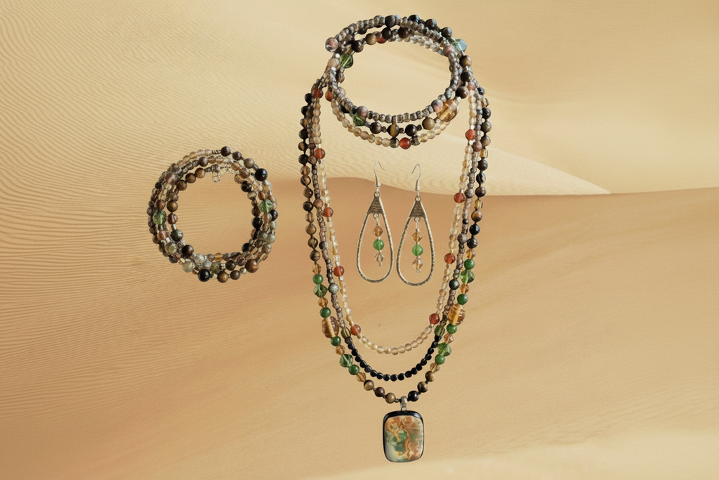 A jewelry set displayed on a warm beige dune-like background, including a multi-strand beaded necklace with a square pendant, matching beaded rings, and silver-tone dangle earrings with green bead accents.
