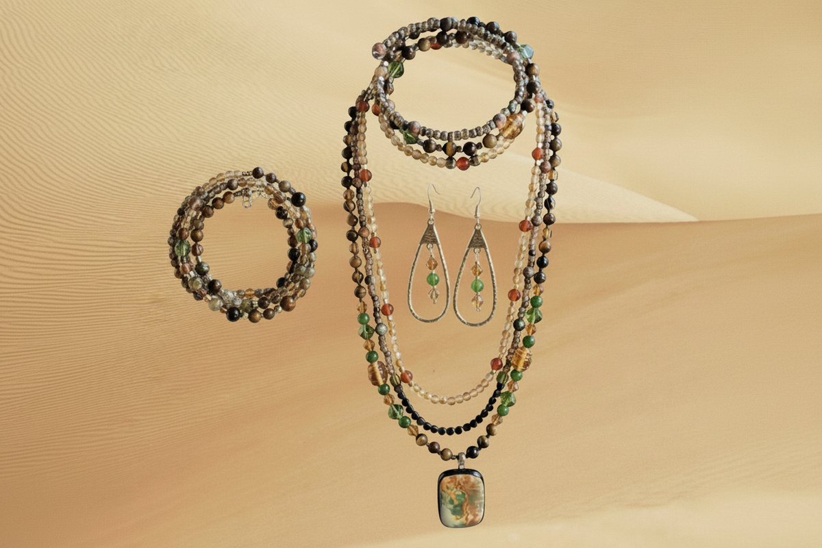 A jewelry set displayed on a warm beige dune-like background, including a multi-strand beaded necklace with a square pendant, matching beaded rings, and silver-tone dangle earrings with green bead accents.