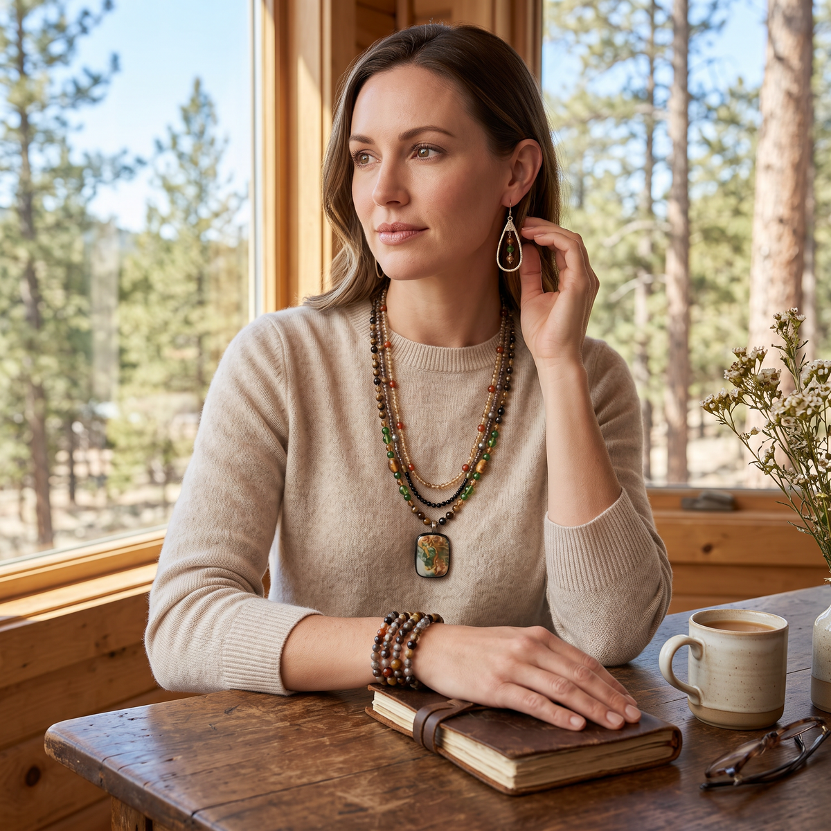 Heartfelt Creations multi-strand beaded necklace, wrap bracelet, and teardrop earrings with a handcrafted  fused glass pendant.  GEORGEOUS!!!