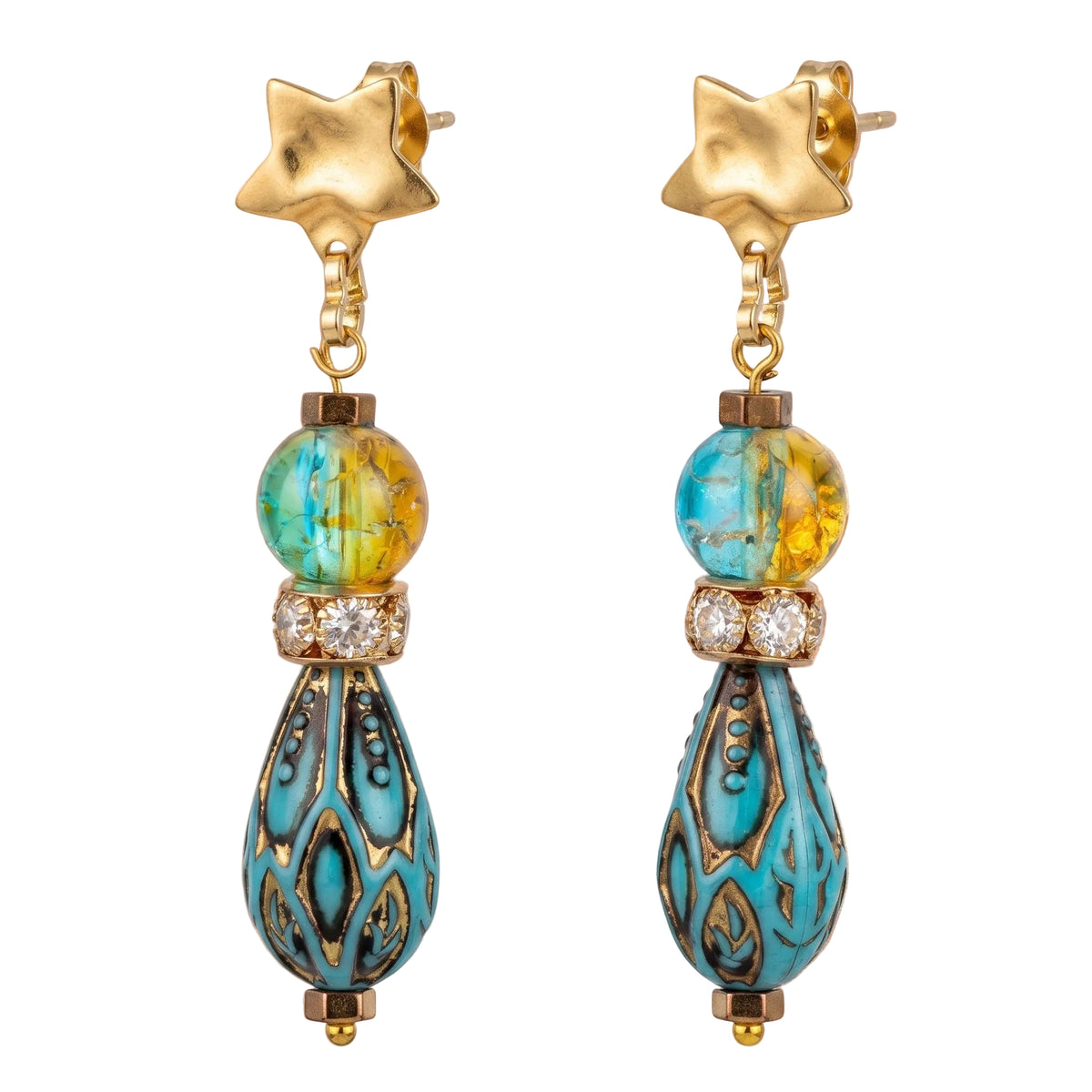Heartfelt Creations artisan drop earrings with gold star studs, marbled blue-yellow beads, and teal teardrop charms.