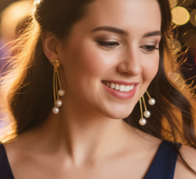 A pair of gold dangle earrings with twisted chains and white pearl beads, displayed against a draped black satin fabric background.