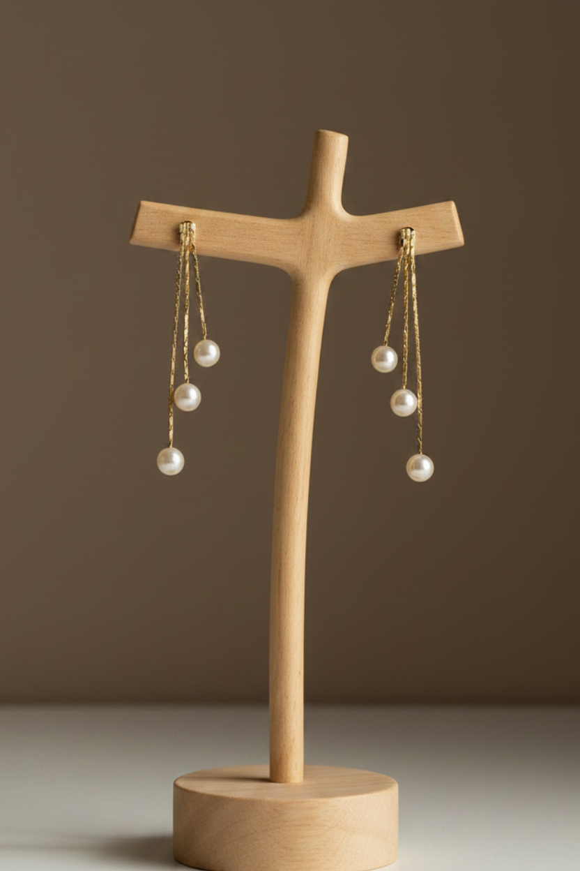 A pair of gold dangle earrings with white pearl beads, displayed on a light wood T-stand against a warm brown background.