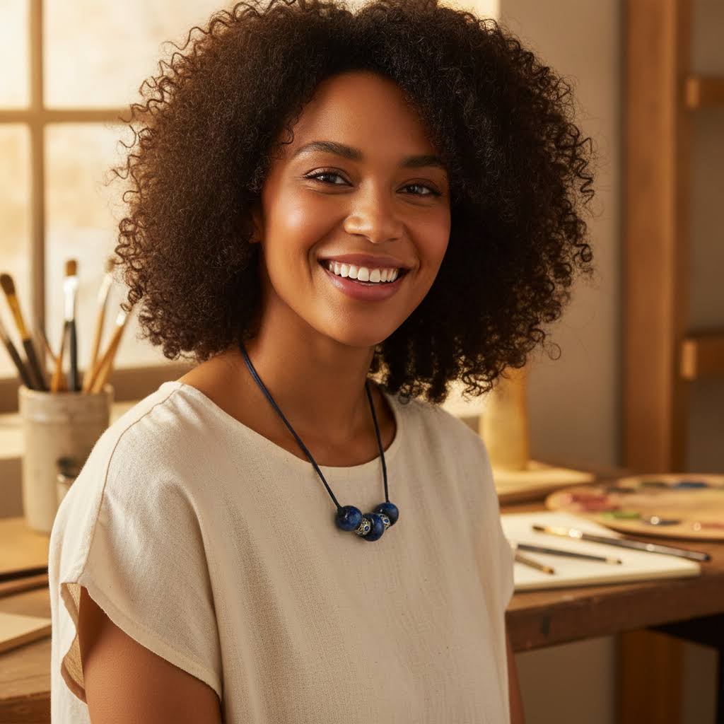 Heartfelt Creations'  handmade necklace featuring three large, glossy, deep blue home-made ceramic beads with a mottled texture, separated by two ornate, silver-toned metal spacer beads with a star-like pattern and small blue crystal accents, all strung on a dark cord.