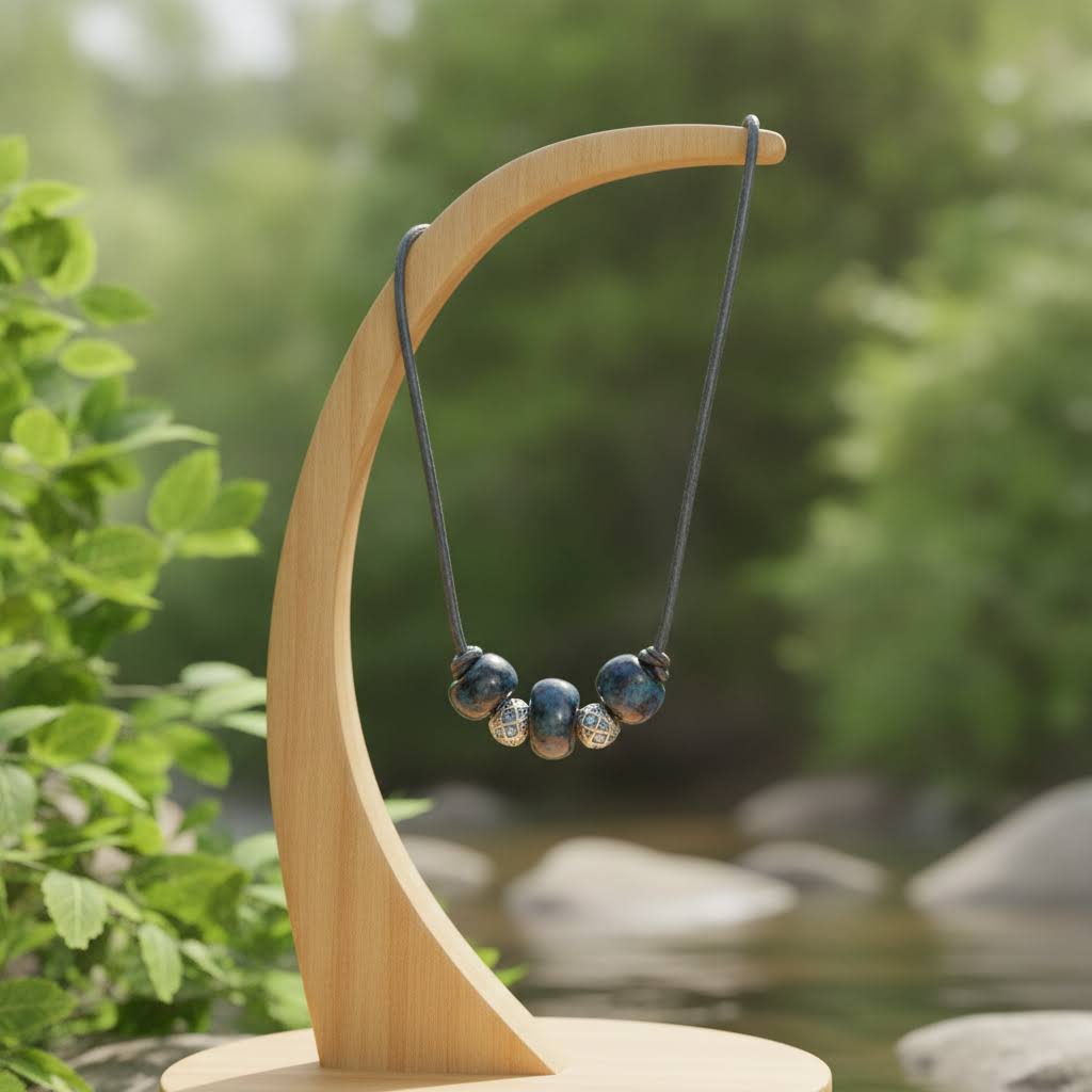 Heartfelt Creations'  handmade necklace featuring three large, glossy, deep blue home-made ceramic beads with a mottled texture, separated by two ornate, silver-toned metal spacer beads with a star-like pattern and small blue crystal accents, all strung on a dark cord.