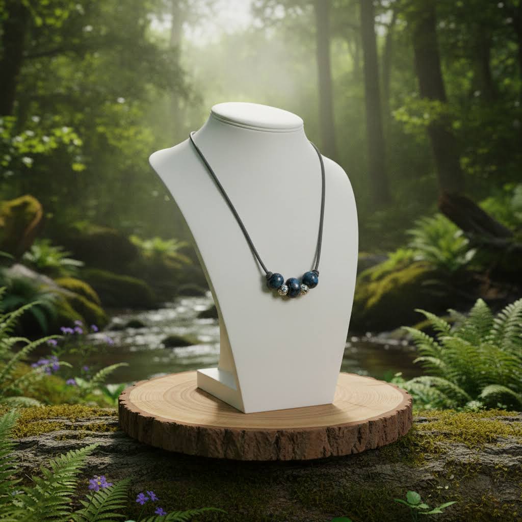 Heartfelt Creations'  handmade necklace featuring three large, glossy, deep blue home-made ceramic beads with a mottled texture, separated by two ornate, silver-toned metal spacer beads with a star-like pattern and small blue crystal accents, all strung on a dark cord.