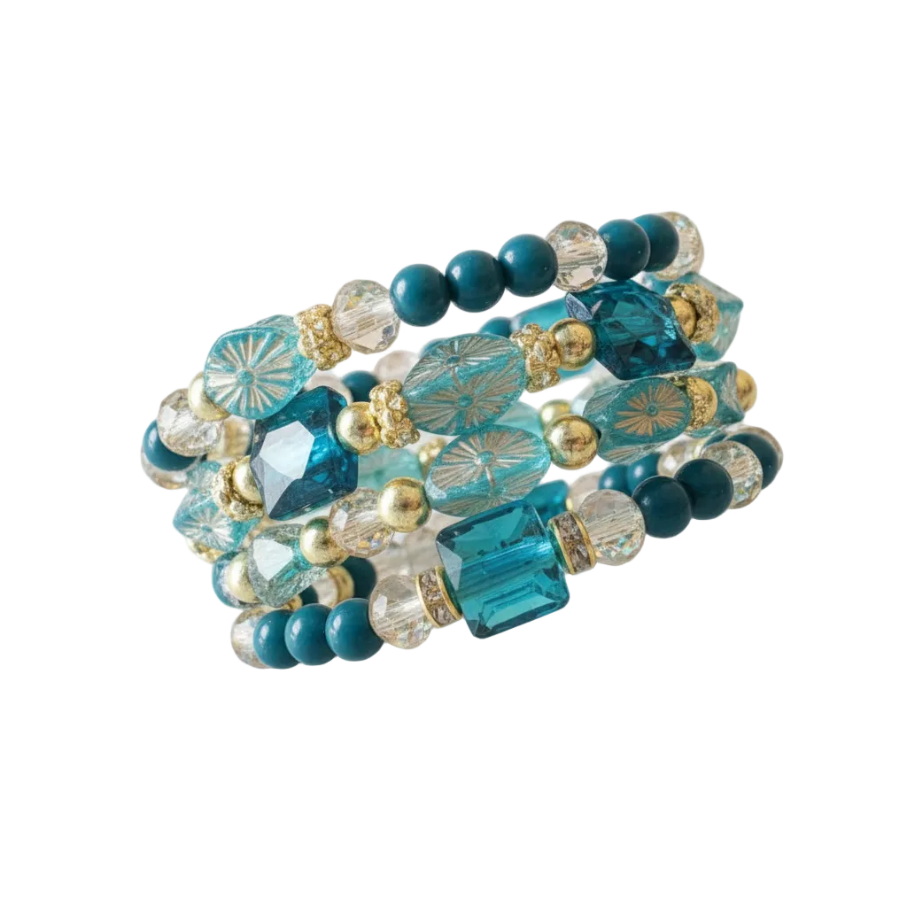 Heartfelt Creations' specialty multi wrap bracelet is a real knockout this time!  Three beaded coils  feature a mix of teal, turquoise, and clear faceted glass beads, interspersed with small gold-toned spacer beads create gorgeous accessory.  This bracelet's oceanic theme will "pop" off your wrist with charm.
