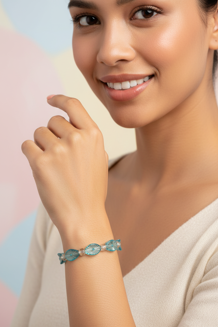 a delicate bracelet featuring alternating oval-shaped, light blue glass beads with a textured sunburst pattern and smaller, clear, faceted glass beads, secured with a silver-toned clasp.