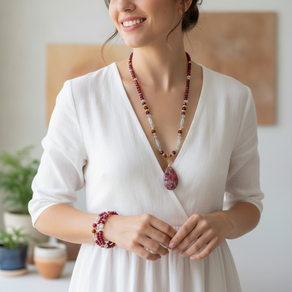 Heartfelt Creations gemstone jewelry set with a teardrop pendant and crimson garnet beads worn by a smiling woman.
