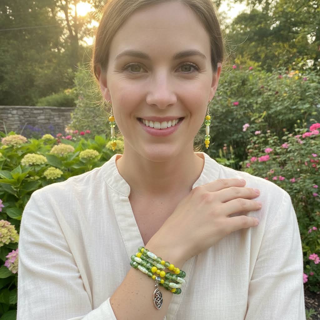Heartfelt Creations multi-strand beaded bracelet with green glass, yellow accents, and a silver Celtic knot charm.