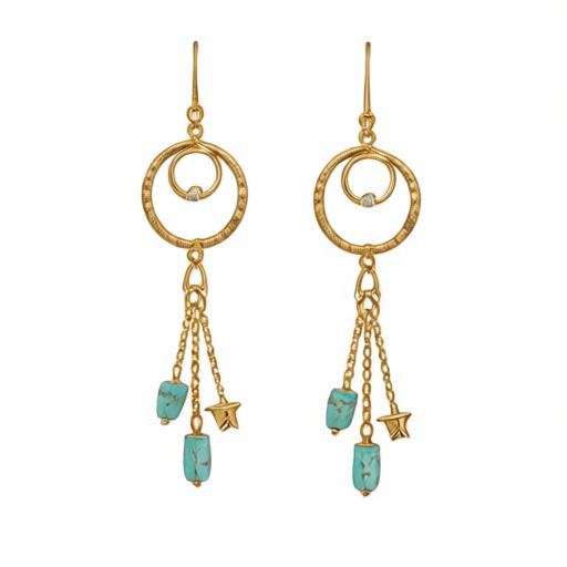 A pair of gold dangle earrings with double circular hoops, small clear accent stones, and three dangling charms including turquoise-colored beads, a star, and a small rectangular charm, shown on a plain white background.