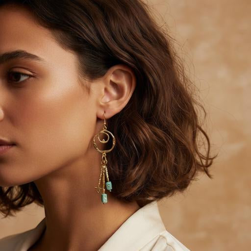 A close-up of a woman wearing a dangling gold hoop earring with turquoise-colored beads and star charms, set against a warm beige background.