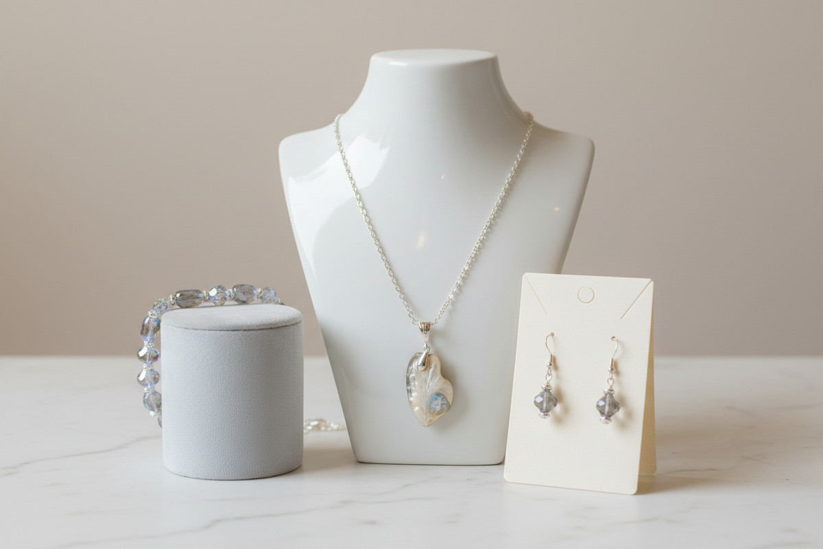 Silver jewelry set displayed on a white mannequin bust and stand, including a necklace with a leaf-shaped pendant, matching drop earrings, and a bracelet, on a marble surface with a neutral beige background.
