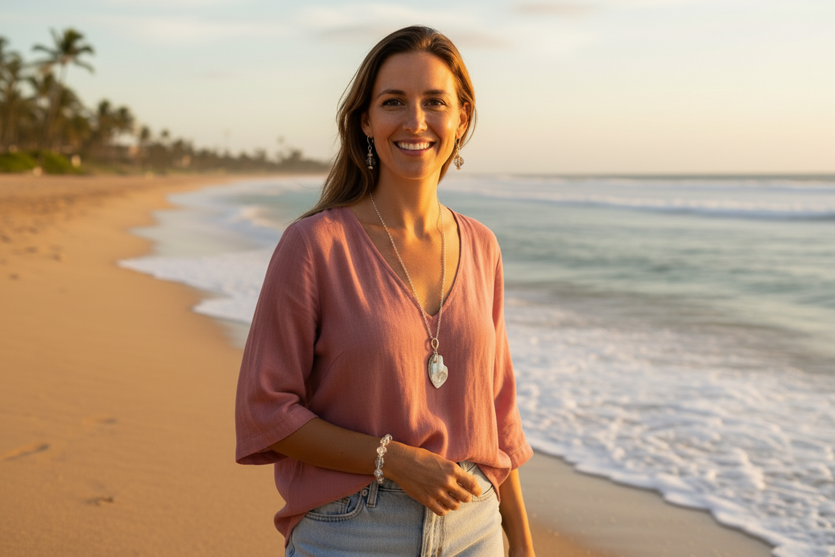 A woman smiling on a sandy beach at sunset, wearing a dusty rose pink top, light-wash jeans, layered necklaces, and a bracelet. The ocean waves and palm trees are visible in the background.