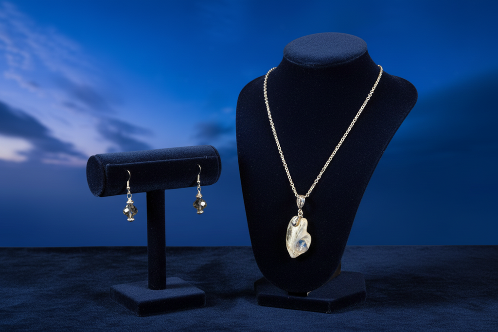 A jewelry display setup featuring a silver-tone necklace with a polished irregular shell pendant on a black neck bust, and matching dangling earrings on a smaller black stand, against a blue sky-like backdrop.