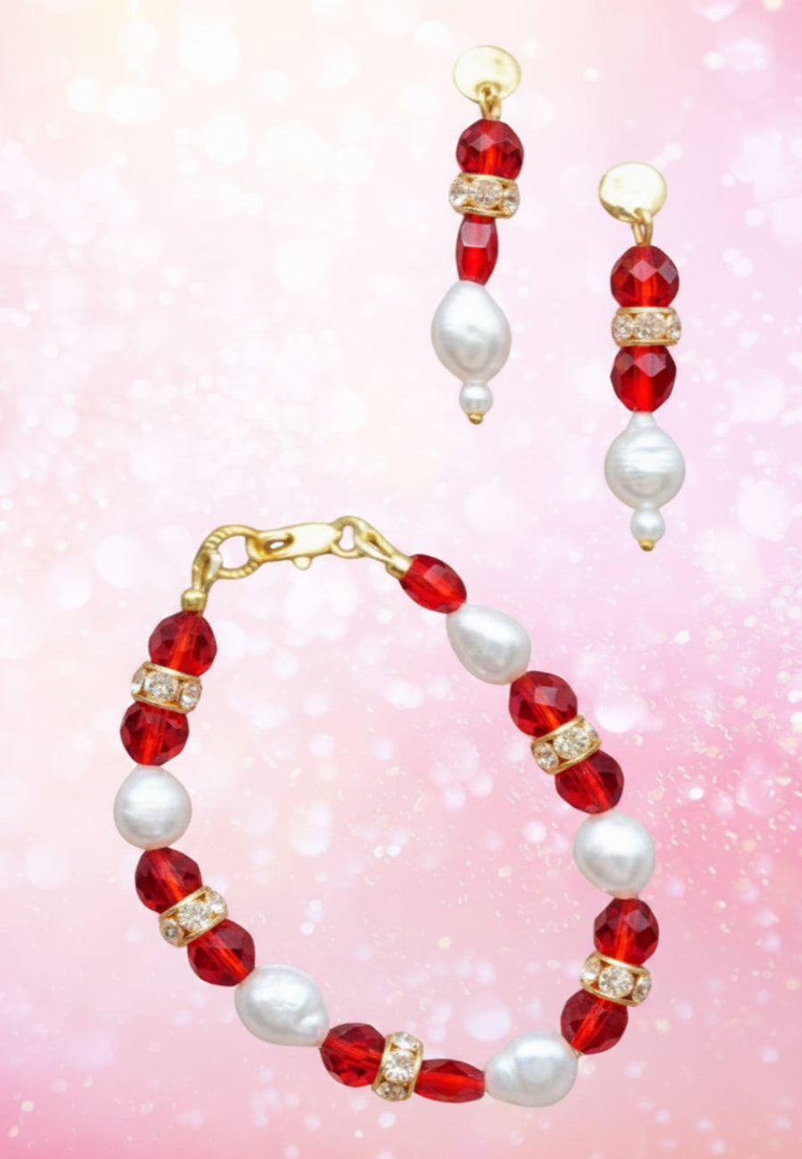 Colorful beaded bracelet with a gold clasp against a pink sky background