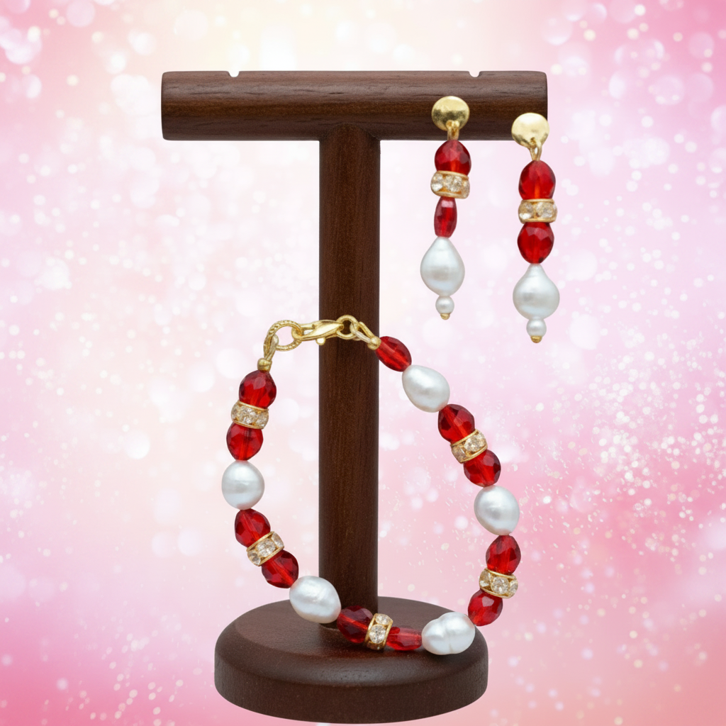 A matching jewelry set with a bracelet and drop earrings, featuring red faceted beads, white pearl-like beads, and gold-toned spacer details, displayed on a wooden stand against a pink glittery background.