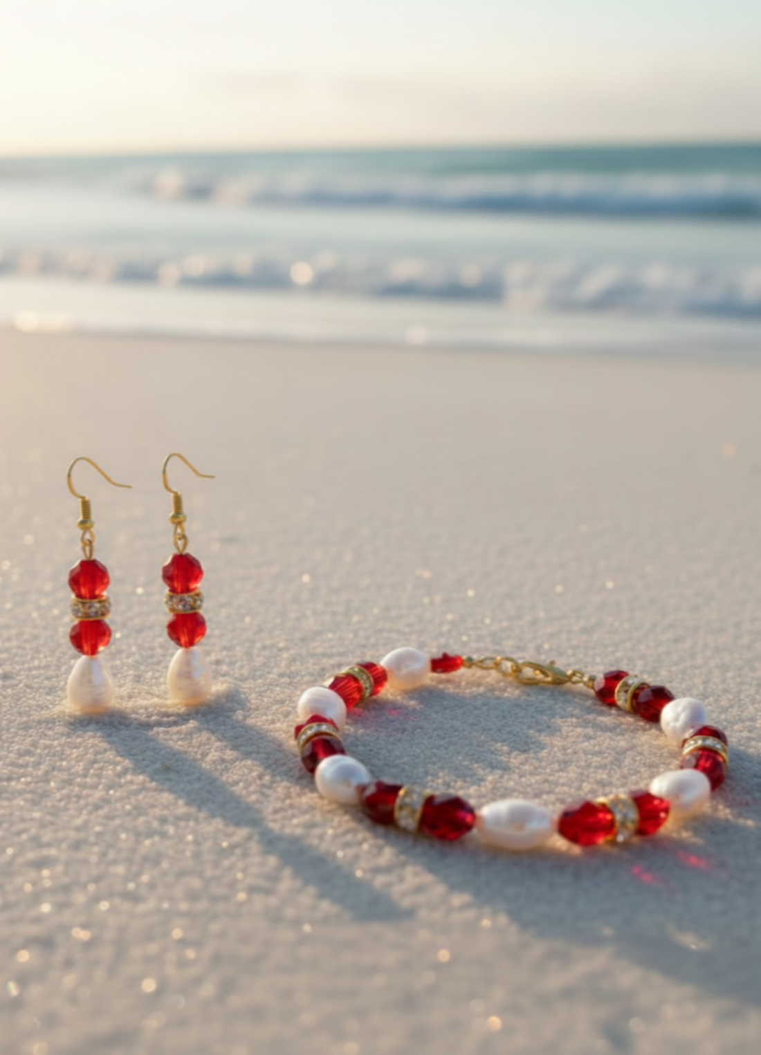 A beaded bracelet and matching drop earrings displayed on a sandy beach with the ocean in the background. The jewelry features red faceted beads, white shell-like beads, and gold-tone metal findings.