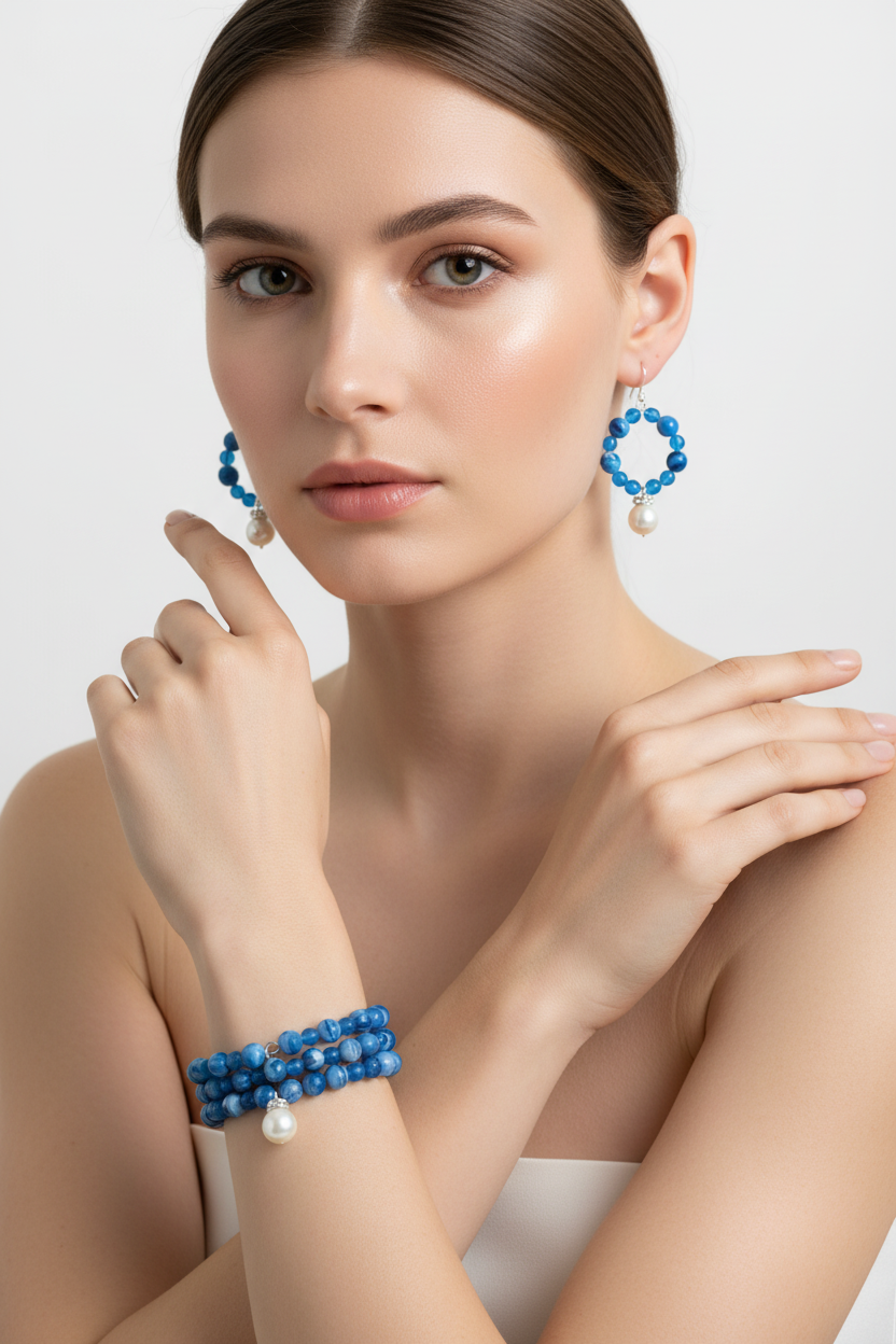 * Heartfelt creations Blue Swirl Beaded Coil Bracelet/ Earrings with Pearl Drops