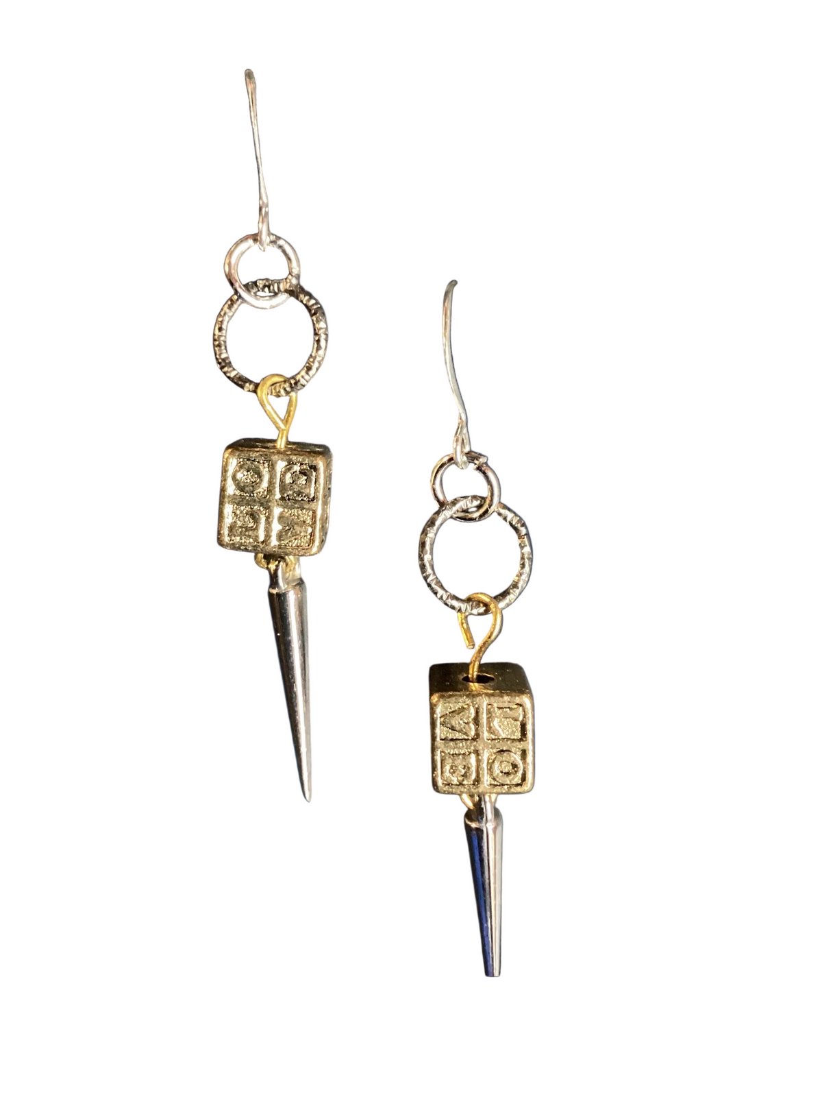 A pair of gold and silver drop earrings with square and triangular geometric charms, shown against a plain white background.