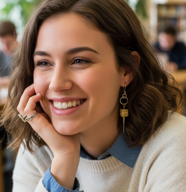 A smiling young woman with brown hair sits at a table in a bright library or cafe, wearing a cream knit sweater over a blue collared shirt and gold key-shaped earrings.