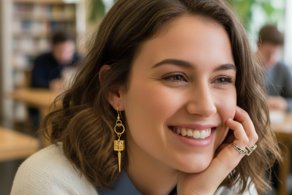 A close-up lifestyle shot of a smiling woman with wavy brown hair, wearing a gold key-shaped dangle earring and a silver ring, in a softly blurred library setting.