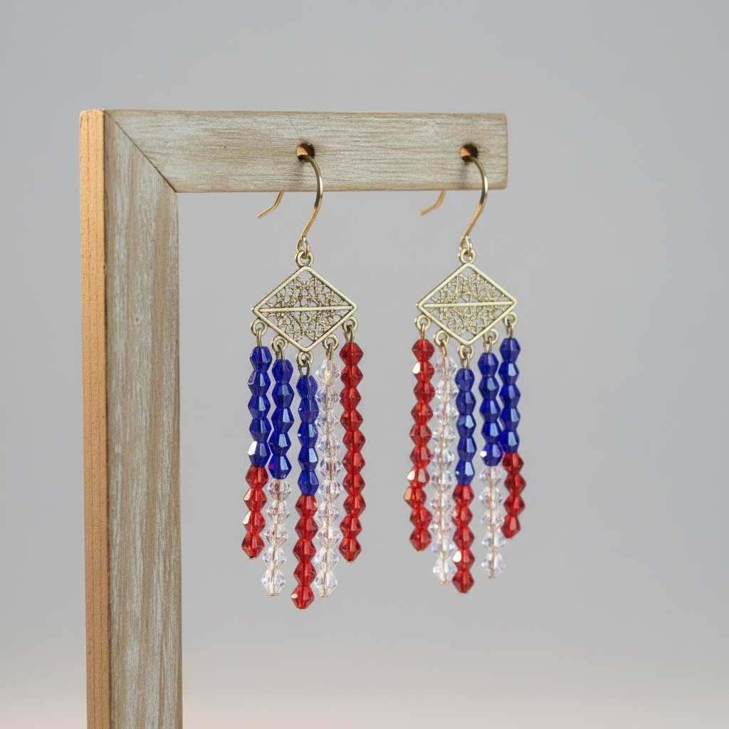 A pair of dangling crystal earrings displayed on a small wooden stand against a softly blurred light wood background. Each earring has an antique gold-tone filigree top with dangling strands of faceted beads in red, blue, and clear, arranged like the American flag.