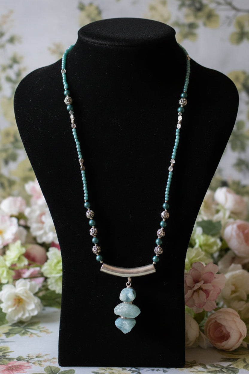 -Bohemian Gemstone Pendant Necklace and Earring Set